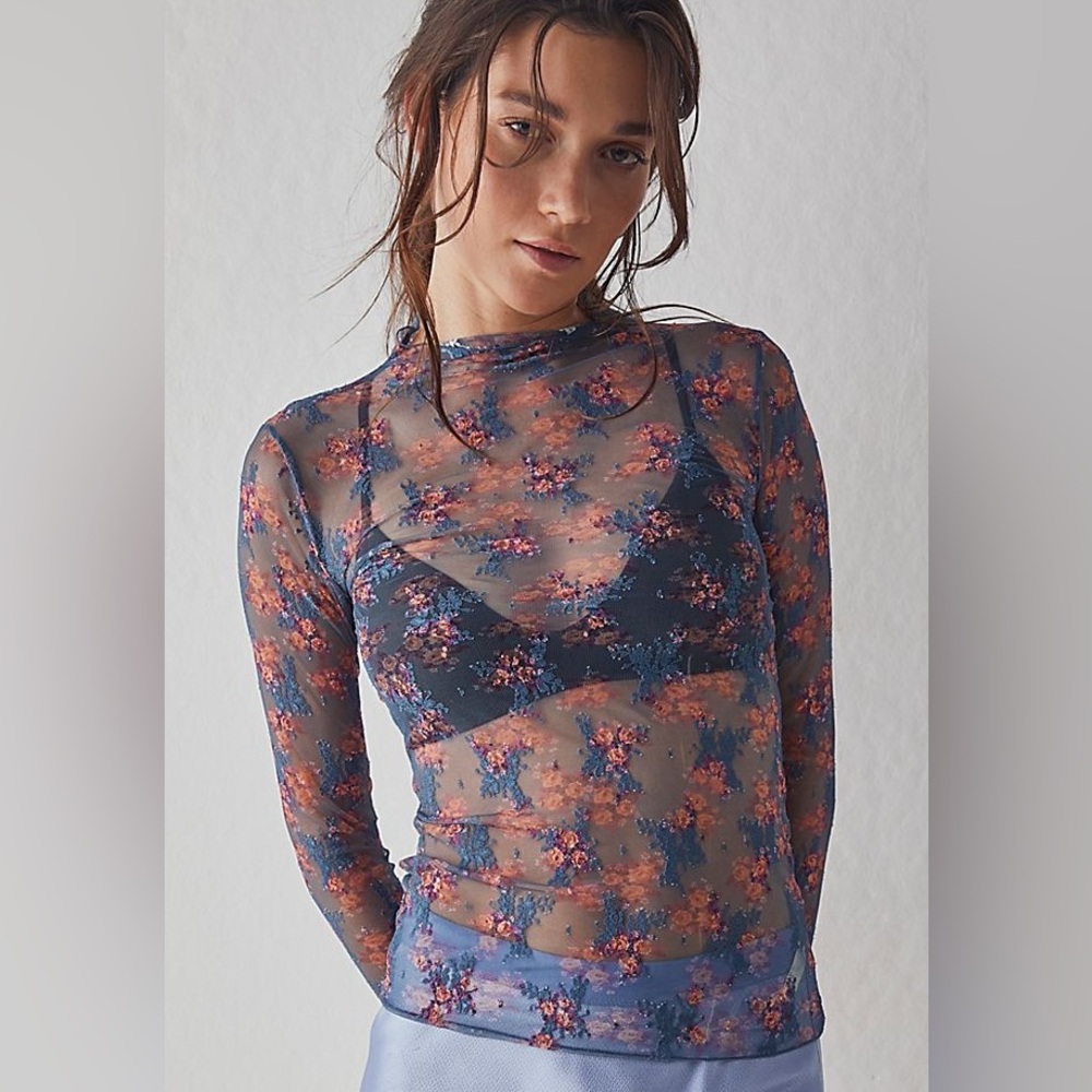Free People Lady Lux Printed Layering Top Blue Medium